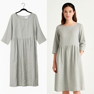 OffOn Clothing Handmade Preppy Lagenlook 100% Linen Midi Dress Mist Gray Large